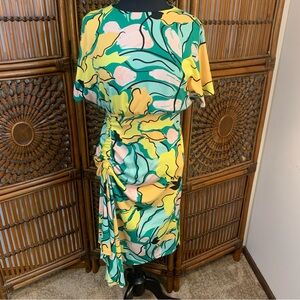 Maggy London Floral Ruched Midi Dress Size 0 Green Yellow Abstract Print